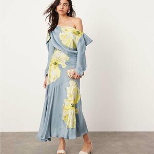 ASOS One-Shoulder Blue Floral Maxi Dress with Yellow Blooms
